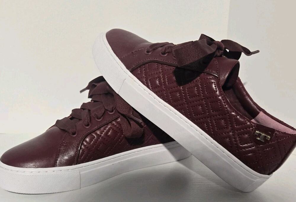 Tory Burch Marion Quilted Leather Shoes Burgundy Ribbon Lace Shoes Women's 5.5